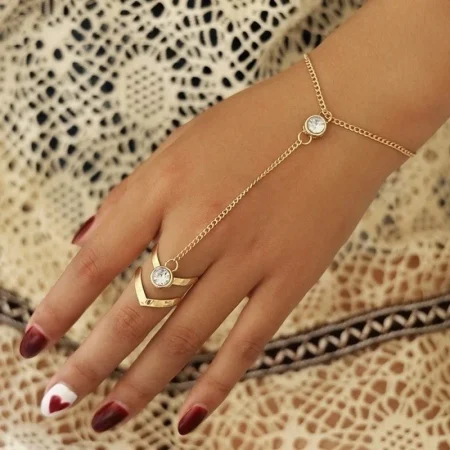 Vintage Gold Color Big Zircon Bracelet Ring Wrist Chain Jewelry Fashion Hand Back Bangles Female Women Arrow Bracelet
