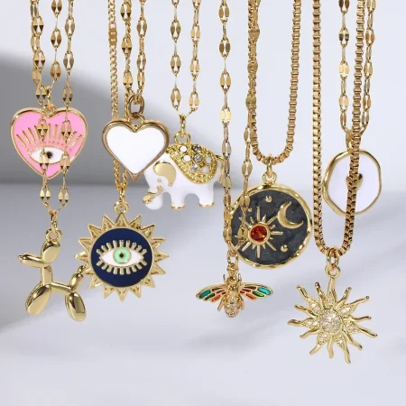 Cute Pink Heart Blue Eye Necklace for Women Cross Gold Color Pendant Woman's Collars Long Stainless Steel Chains Y2k Jewelry