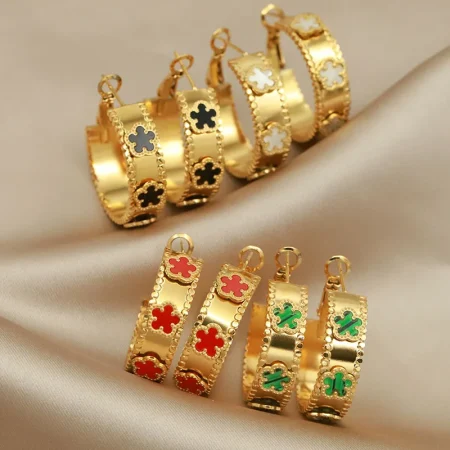 Stainless Steel Metal Multicolor Flower Stud Earrings for Women Fashion Brand Jewelry Vintage Earrings Accessories