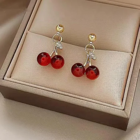 FTCY Cute Red Cherry Fruit Earrings for Women Vintage Sweet Wedding Party Jewelry Accessories Girls Gift