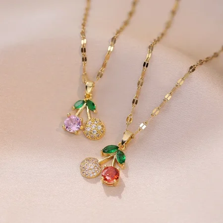 Colorful Zircon Cherry Pendant Necklaces for Women Girls Stainless Steel Trendy Romantic Jewelry Accessories Gifts