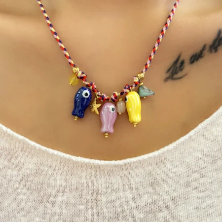 Charm Ceramic Cartoon Fish Pendant Irregular Gravel Colorful Braided Rope Adjustable Women's Necklace Party Jewelry
